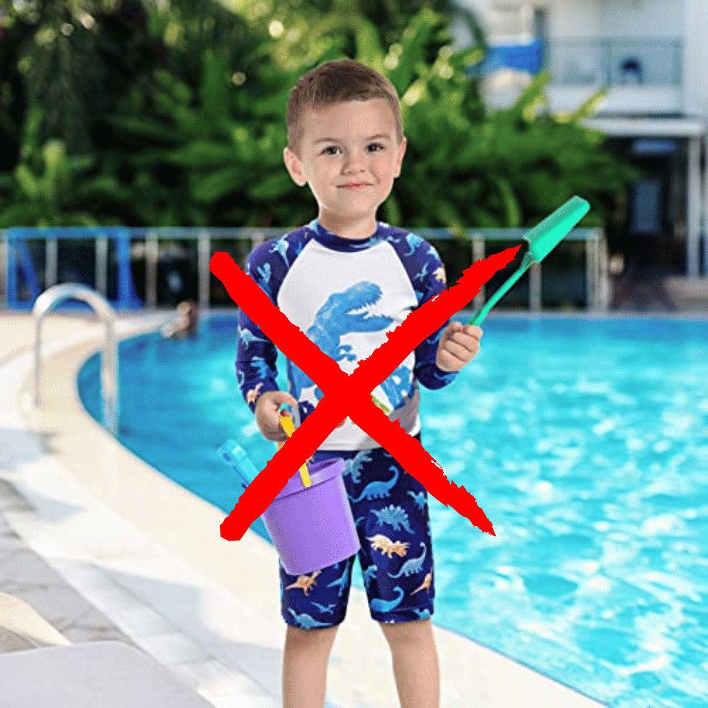 Boy in a blue swimsuit by the pool with red X overlaid