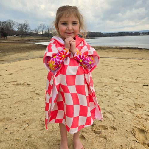 Girl in silly checker hoody towel