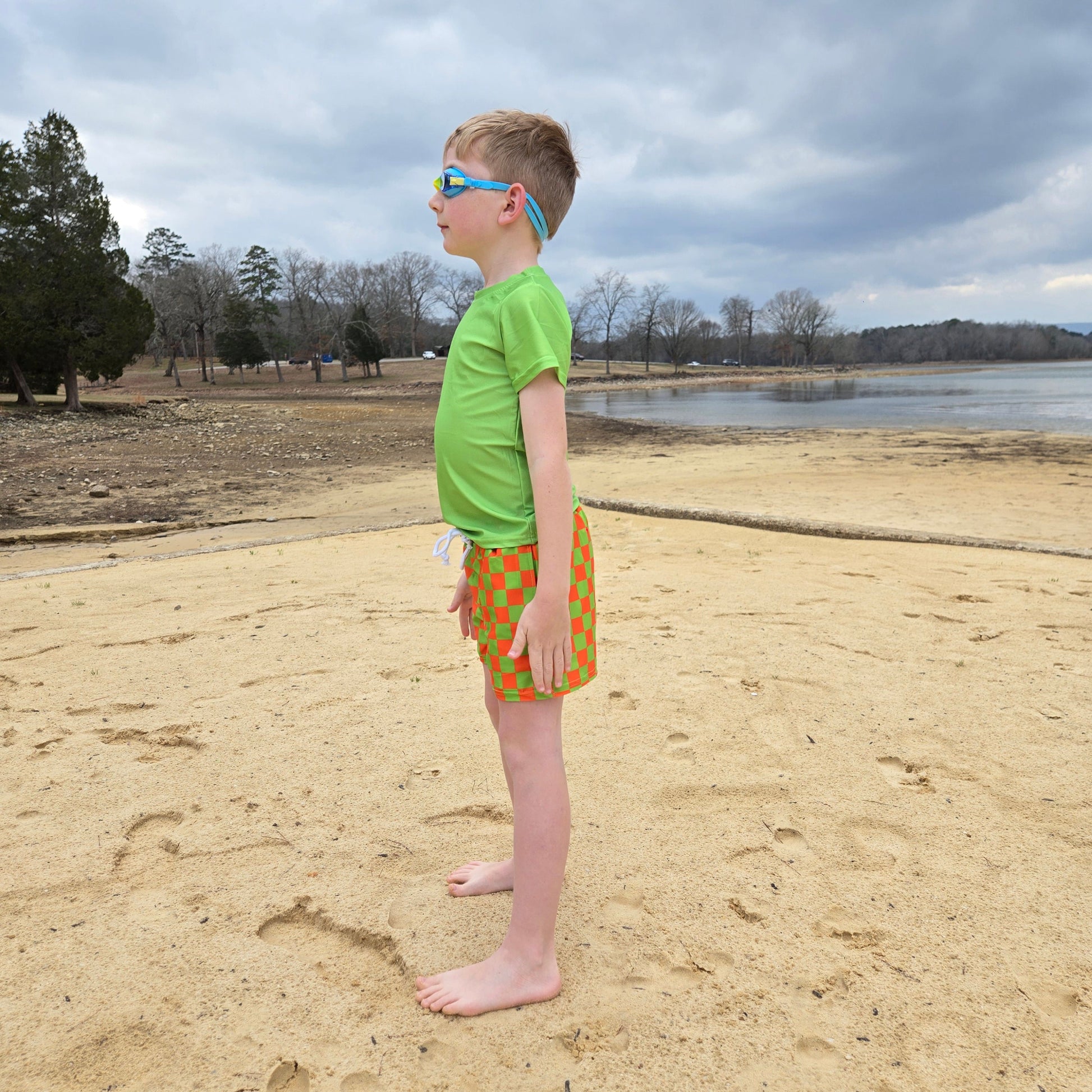 Orange checker short sleeve rash guard swim set - side view