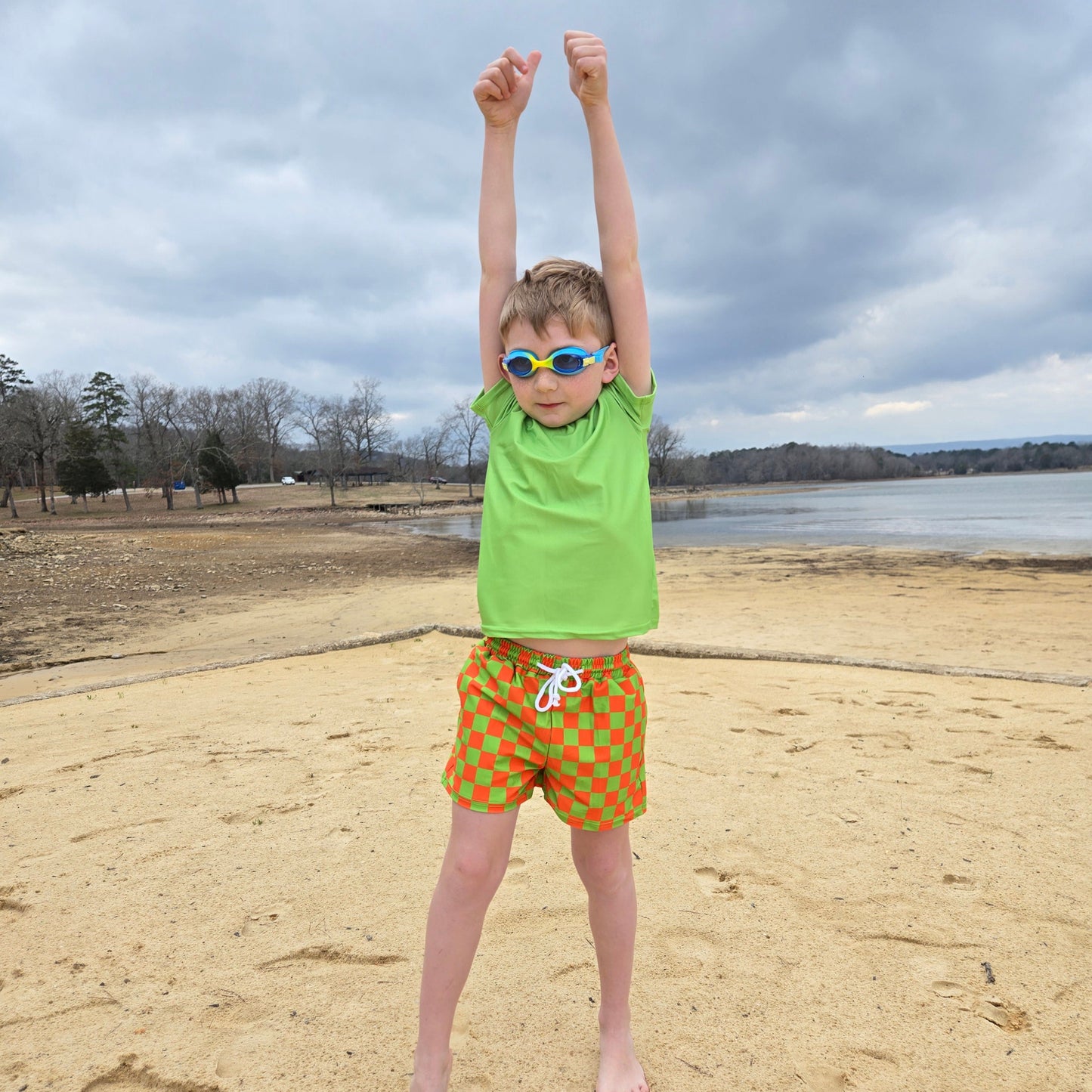 Orange checker short sleeve rash guard swim set - front view