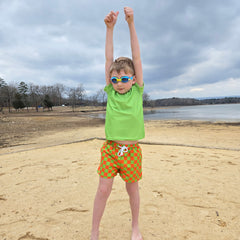 Orange checker short sleeve rash guard swim set - front view