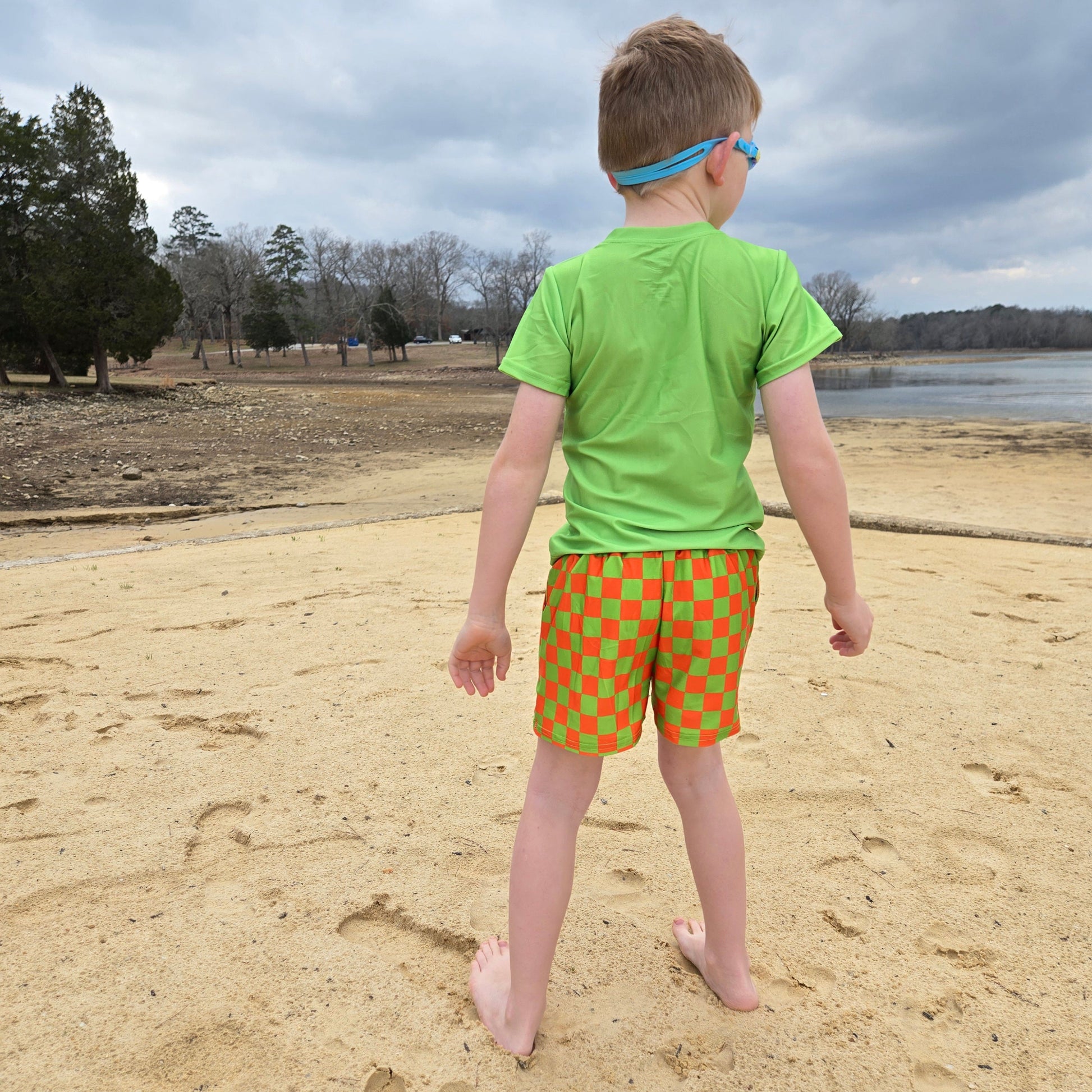 Orange checker short sleeve rash guard swim set - back view
