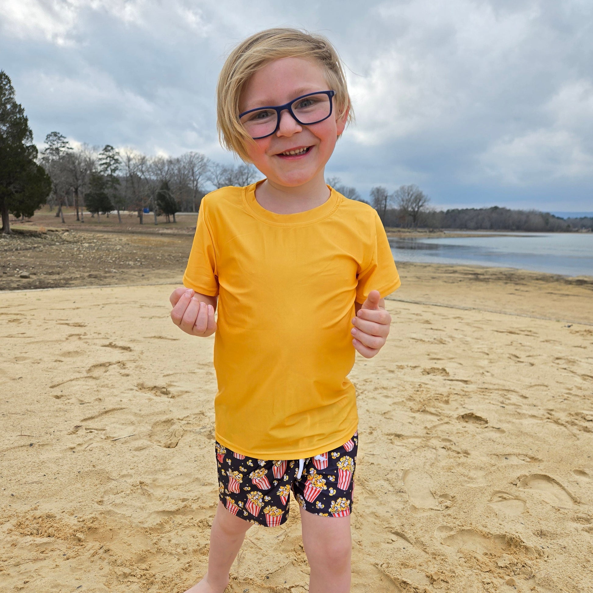 High visibility neon boys swimwear popcorn print - UPF 30+